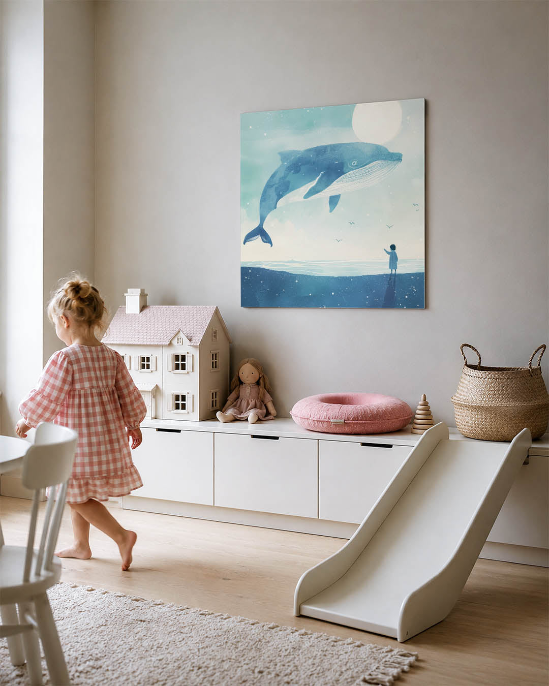 Dromerige walvis kunstwerk – tweede productweergave – een grote blauwe walvis zweeft boven een kind aan de kust, met een