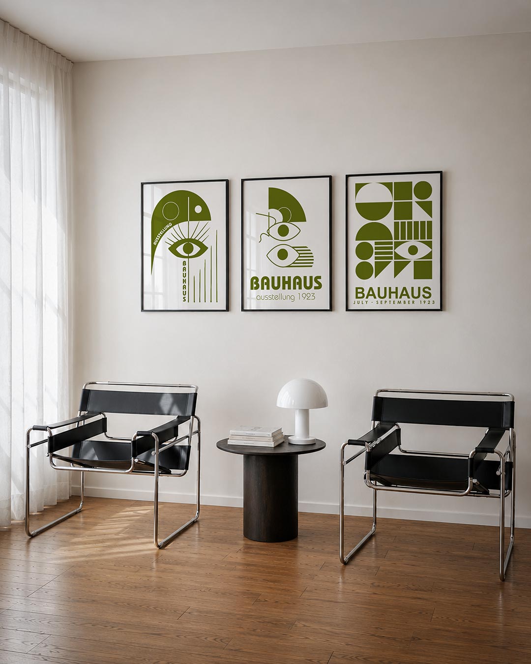 Oog en lijnen driedelige posterset – een groene compositie met een centraal oog, omringd door strakke lijnen en cirkels. De
