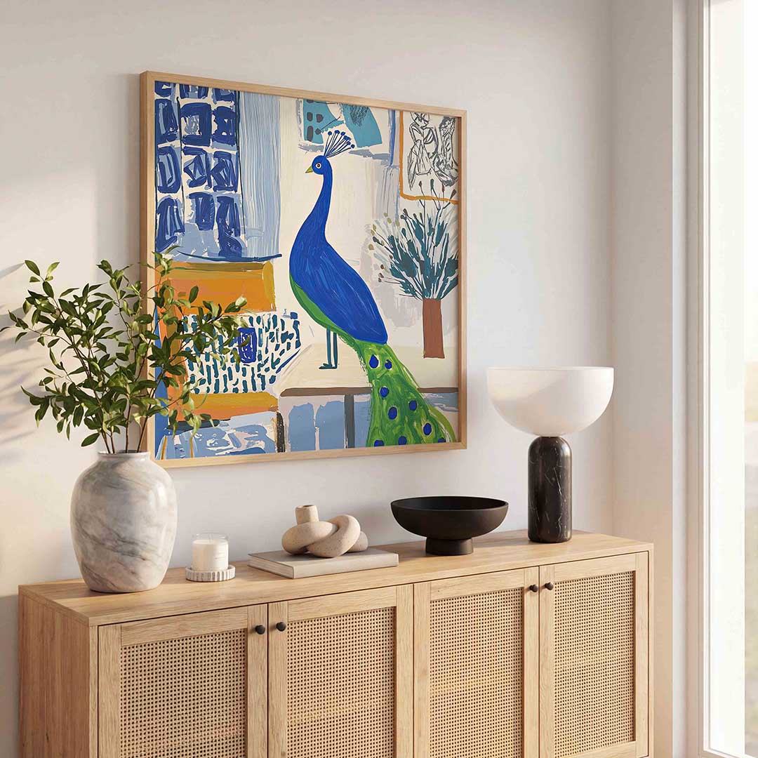 Pauw in interieur – dierenillustratie als vierkante poster