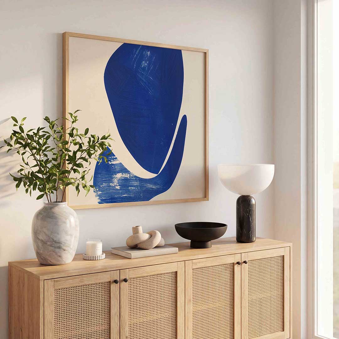 Abstracte blauwe vormen – kunst en design poster in vierkant formaat