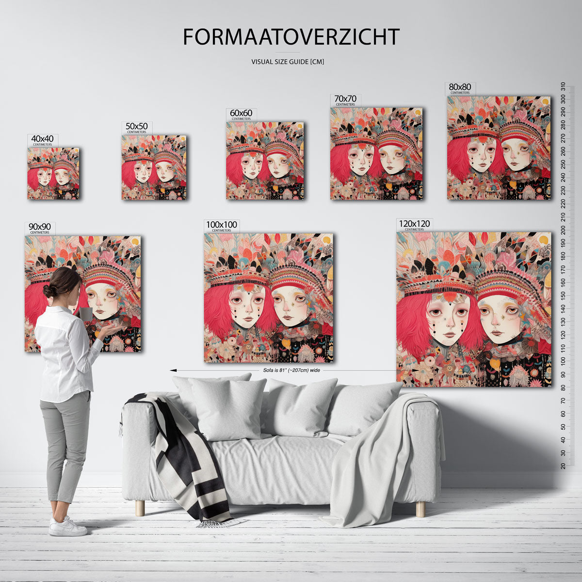 Twee figuren met kleurrijke hoofdtooien – vierkante muurposter met kleurrijke vormen