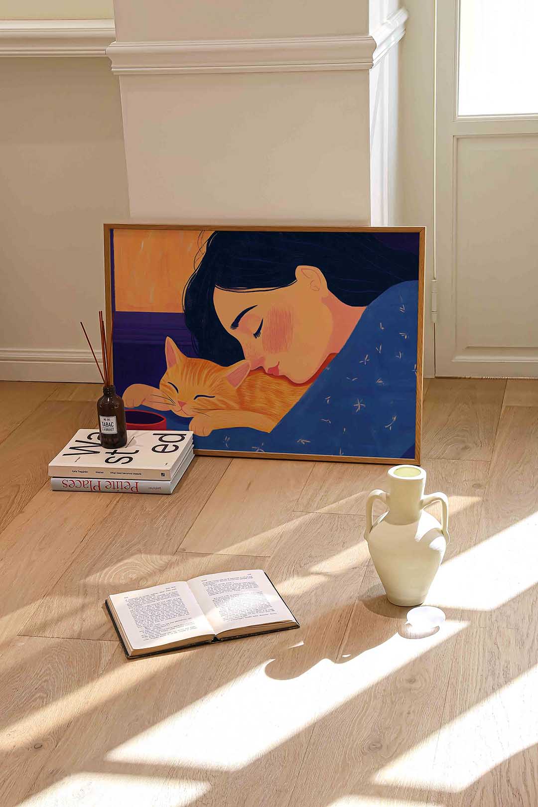Slapende vrouw met kat – liggende portret wanddecoratie van WallArtistic