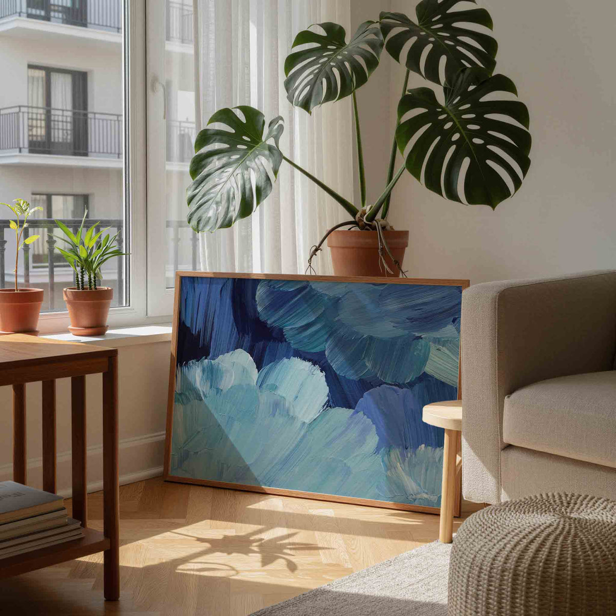 Blauwe penseelstreken – schilderkunst als moderne landscape poster