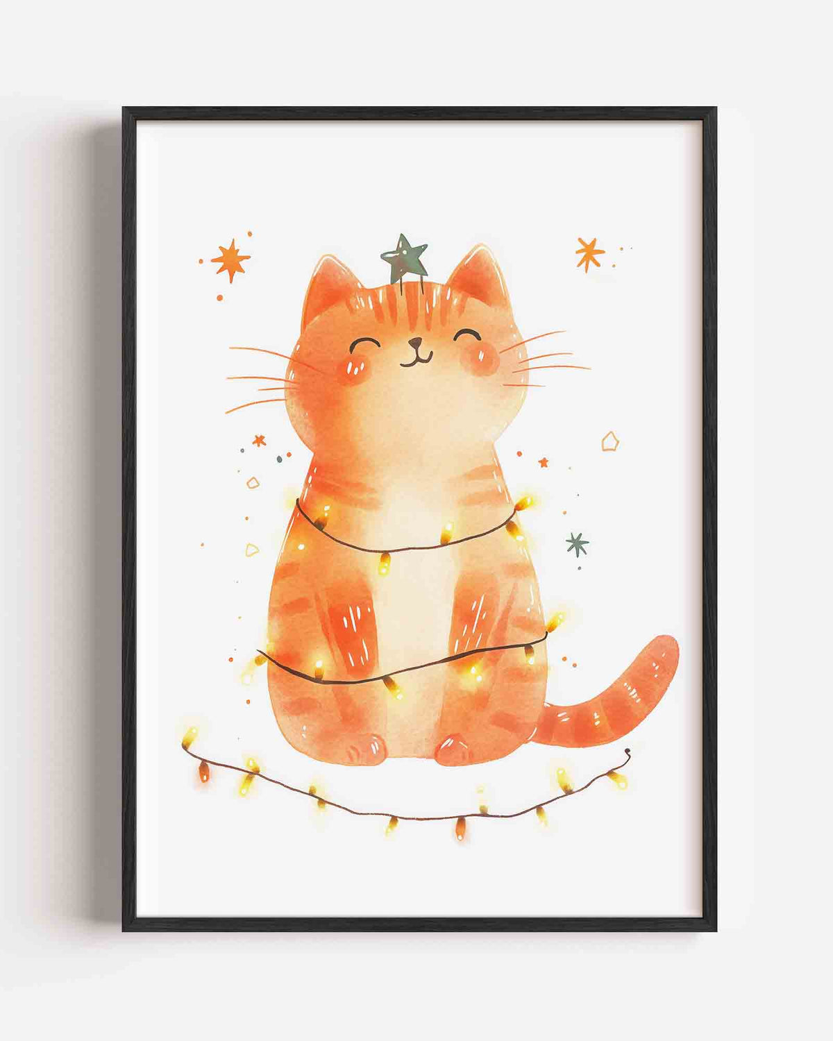 Kerstkat met lichtjes – kids portret poster als wanddecoratie
