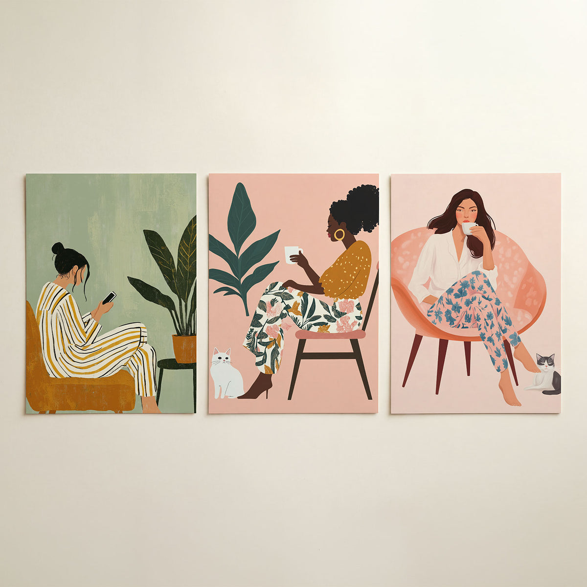Rustige zithoek driedelige posterset in interieur