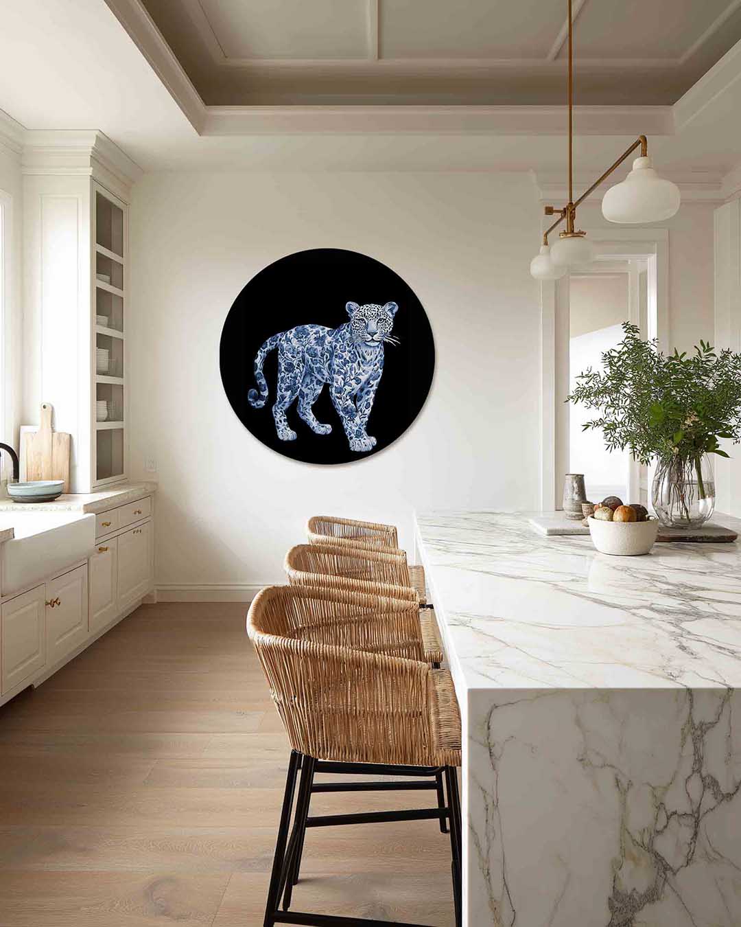 Blauwe luipaard – Pop Art muurcirkel als ronde wanddecoratie