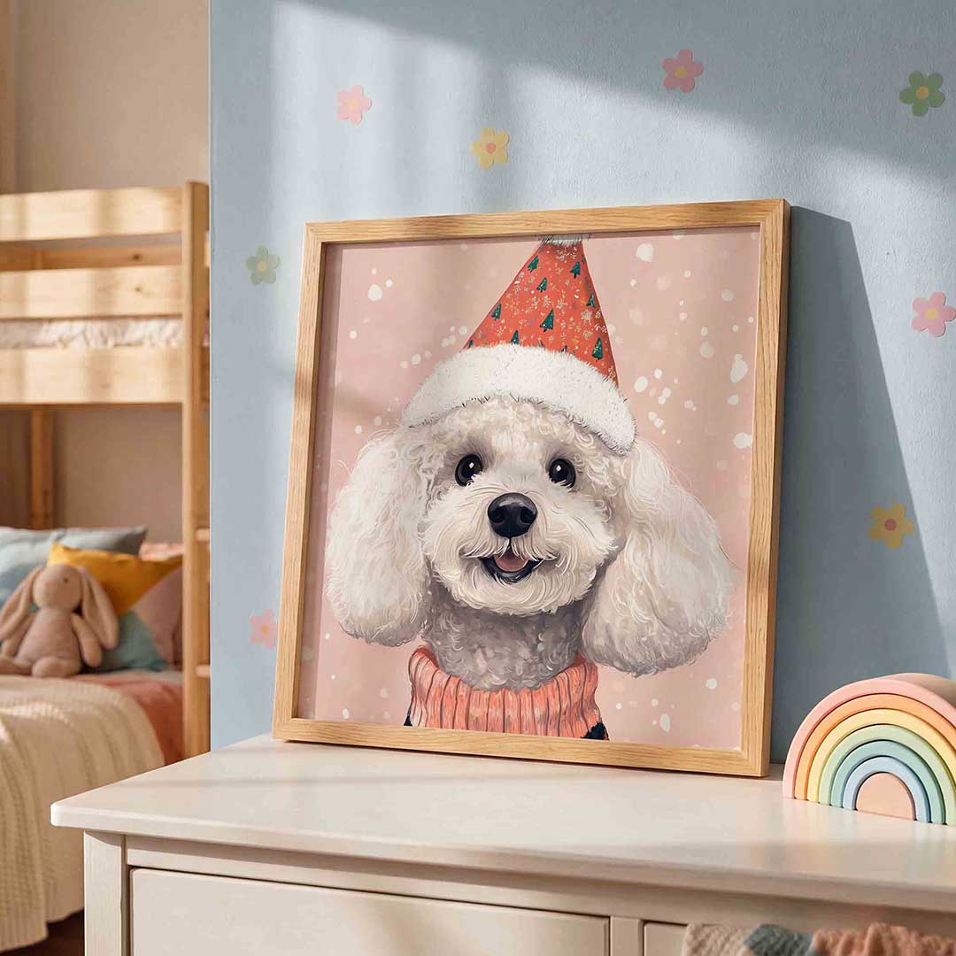Hond met feestmuts – speelse wandkunst als vierkante kinderposter