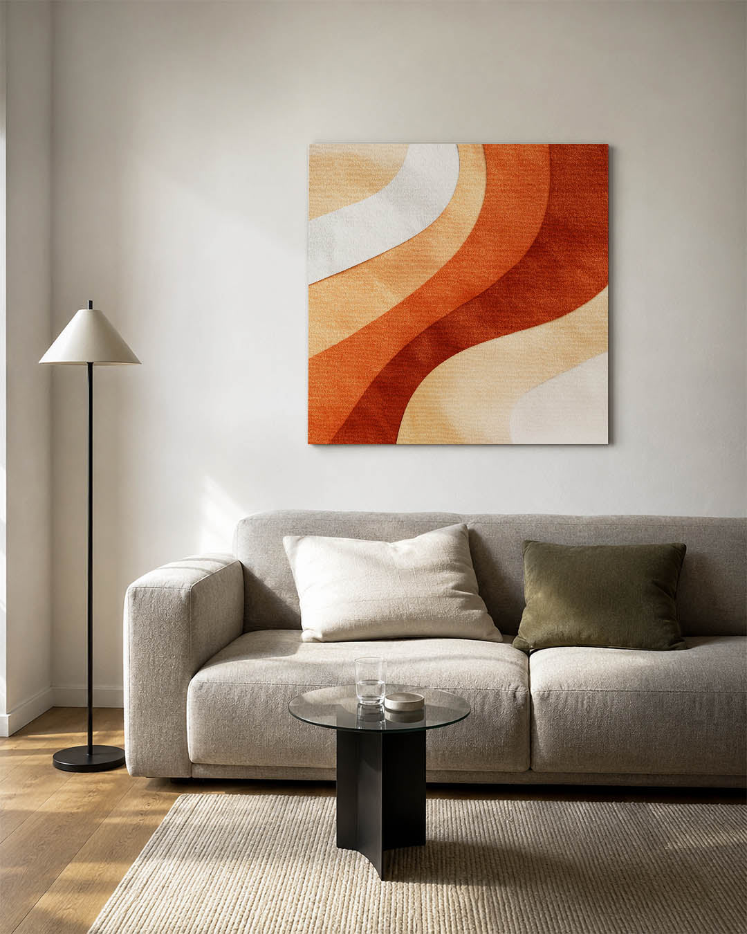 Golvende kleurencompositie kunstwerk – vierkante wanddecoratie – dit werk toont vloeiende, golvende lijnen in warme tinten.