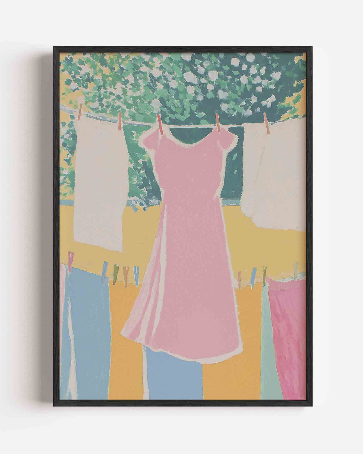 Roze jurk aan waslijn – pastel portret poster als wanddecoratie