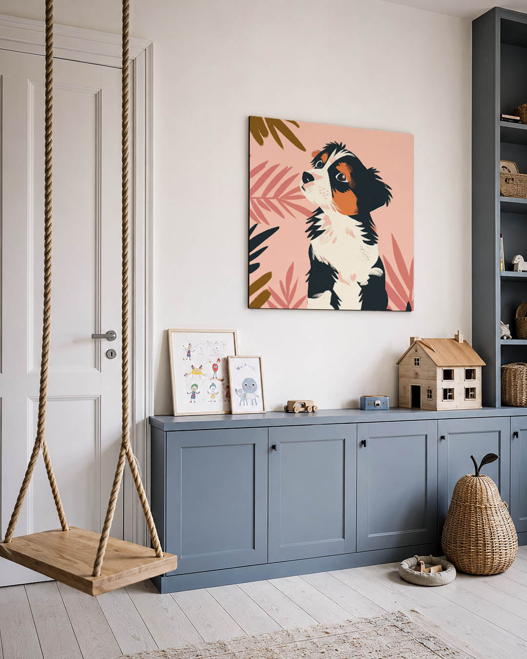Speelse hond illustratie kunstwerk – vierkante wanddecoratie – dit kunstwerk toont een speelse hond tegen een achtergrond van