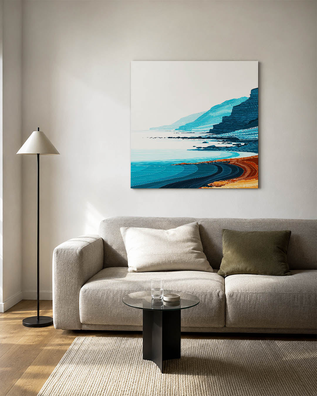 Kustlijn met kleuren kunstwerk – vierkante wanddecoratie – dit werk toont een kustlijn met golvende lijnen en contrasterende