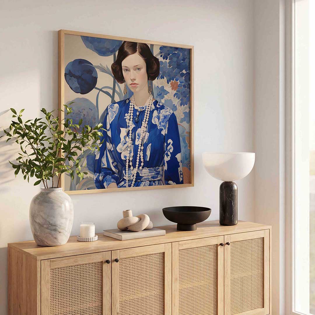 Vrouw in blauwe jurk – illustratie poster in vierkant formaat