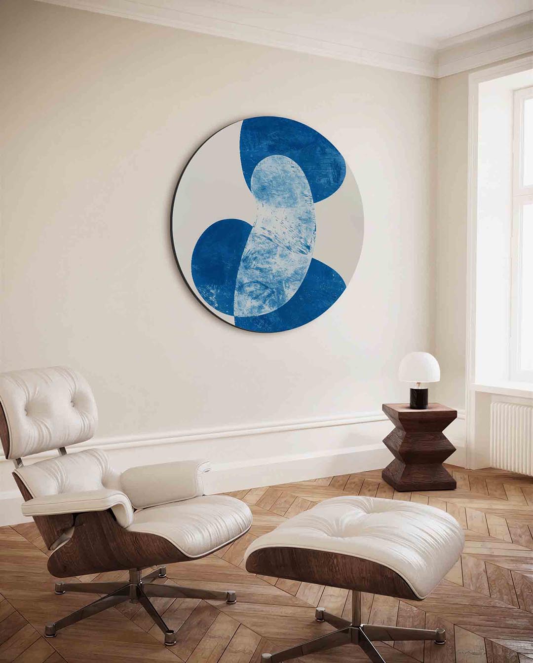 Abstracte blauwe vormen – moderne ronde wanddecoratie van WallArtistic