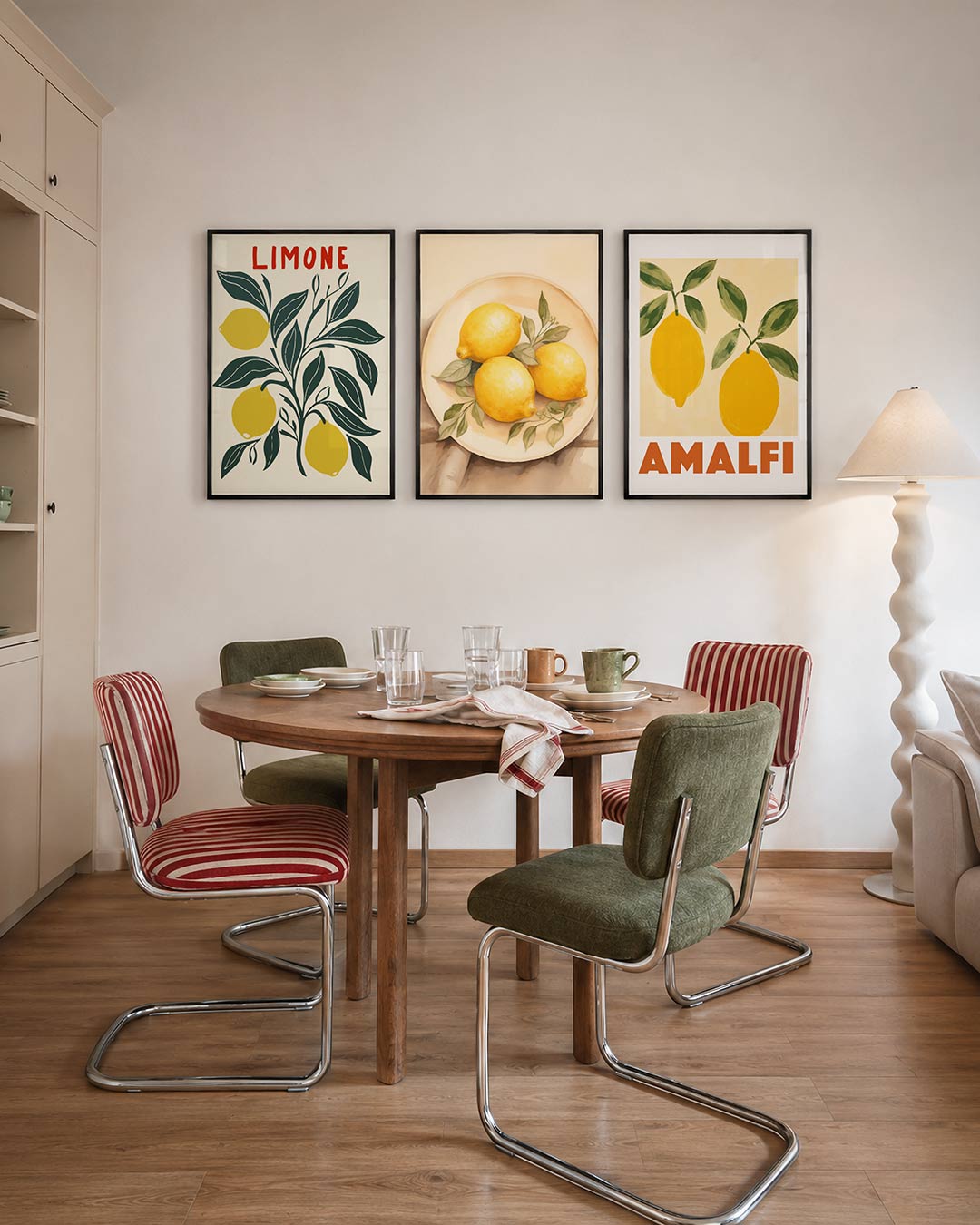 Citroen en bladeren driedelige posterset – deze posterset toont levendige gele citroenen en