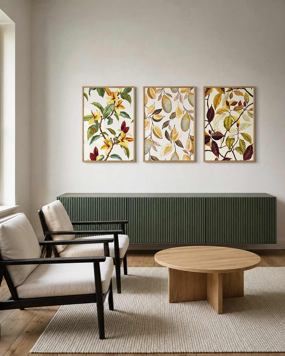 Bloemrijke takken posterset – tweede productweergave – deze posterset toont levendige bloemen en bladeren in geel,