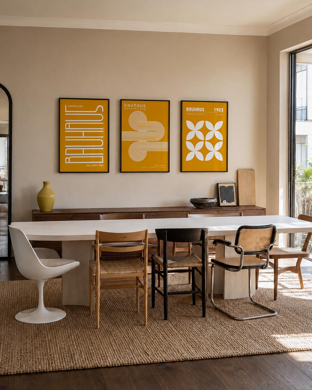 Lijnen en kleurvlakken driedelige posterset – deze posterset in drie delen speelt met witte lijnen op een warme oranje