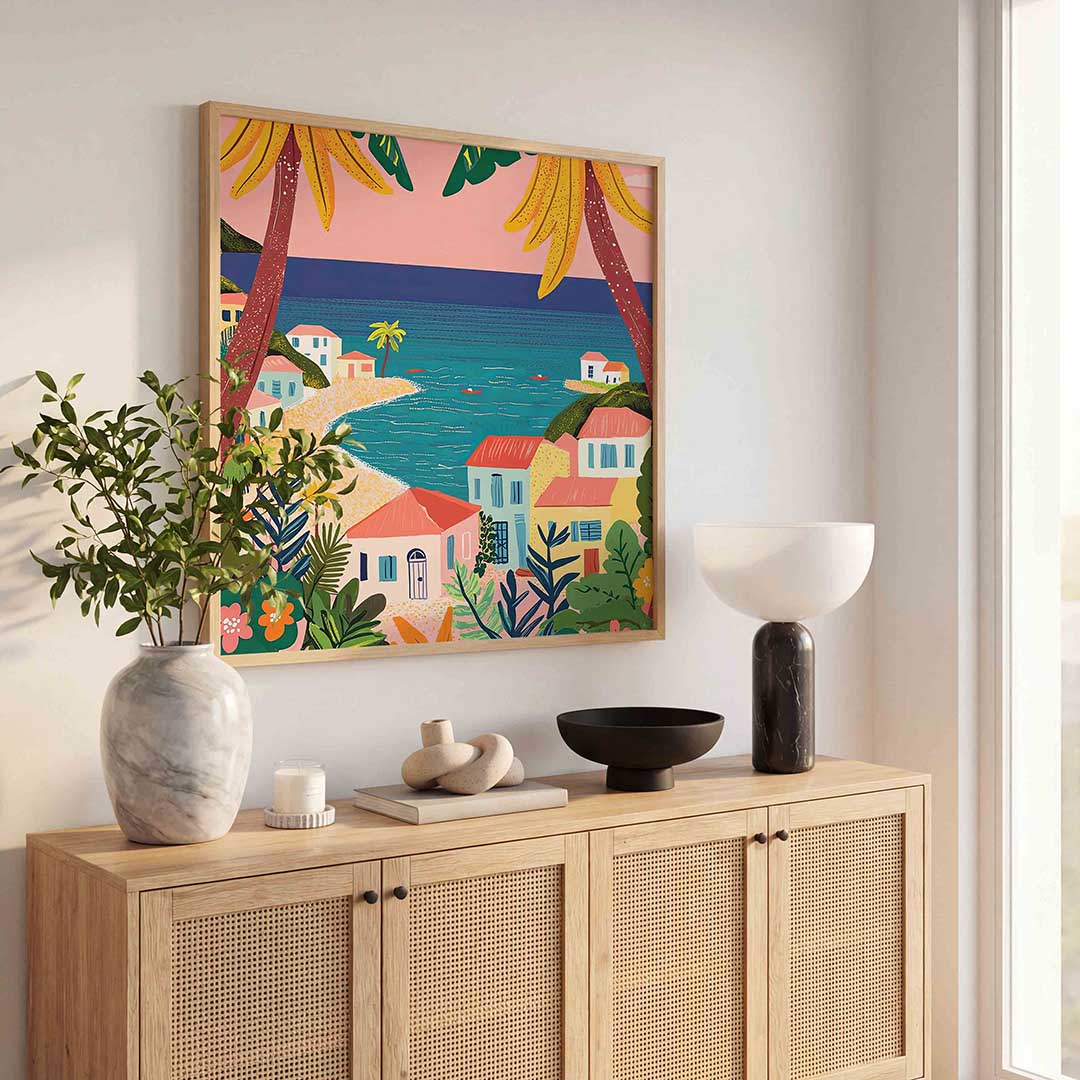 Strandhuisjes en palmbomen – tropische poster in vierkant formaat