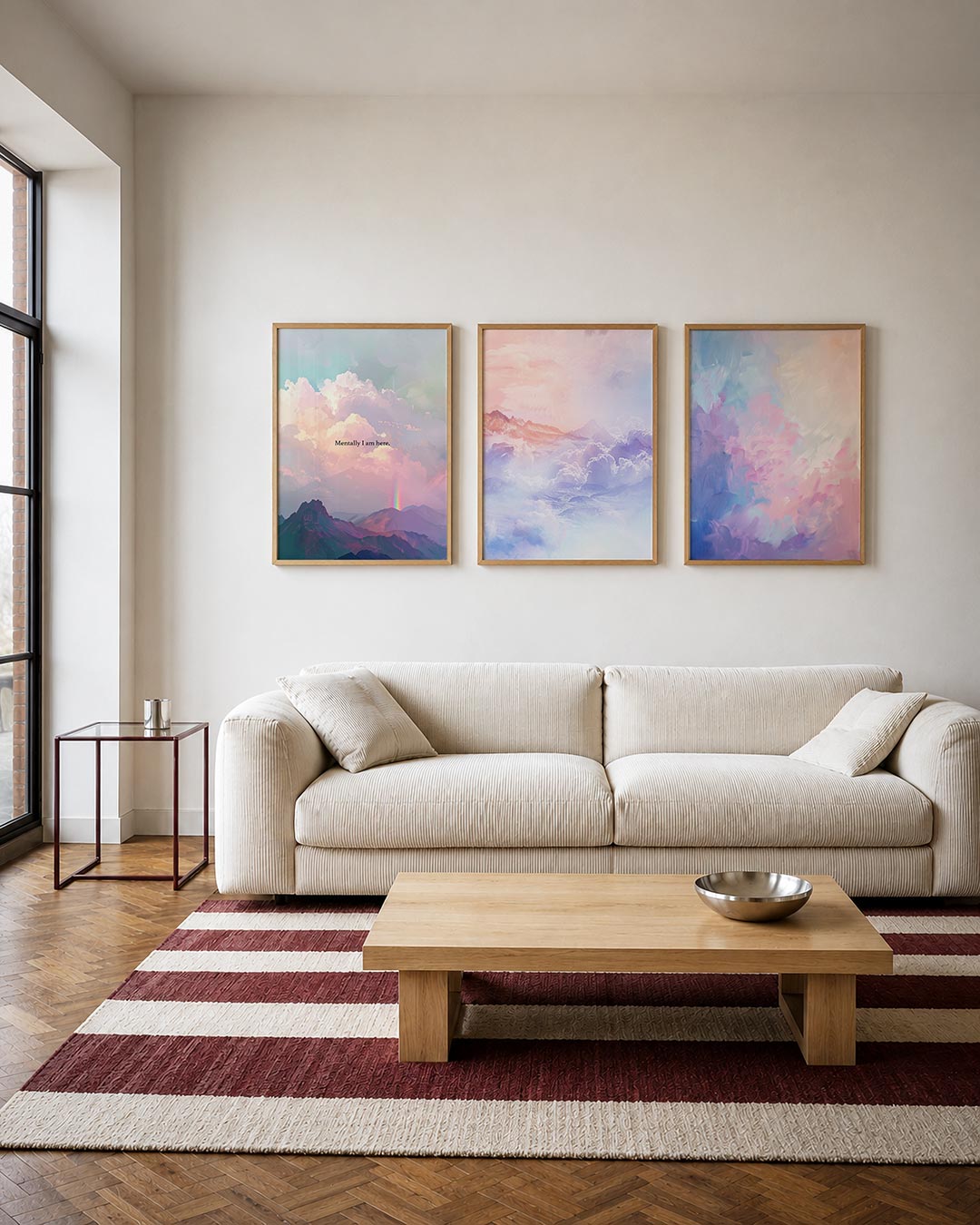 Dromerige berglandschap driedelige posterset – zachte pasteltinten vormen een serene lucht met wolken en
