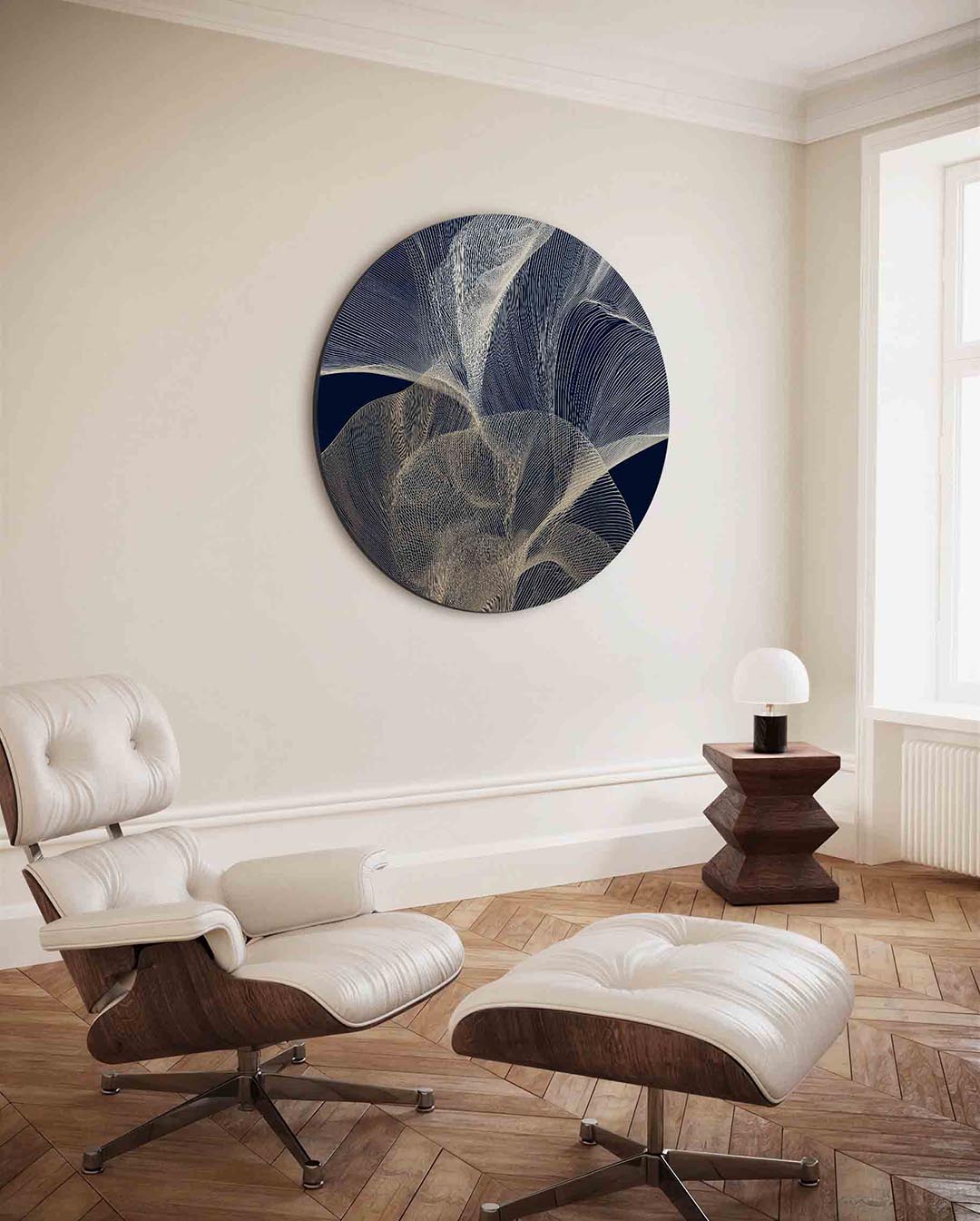 Organische lijnen – moderne ronde wanddecoratie met vrouwelijk portret