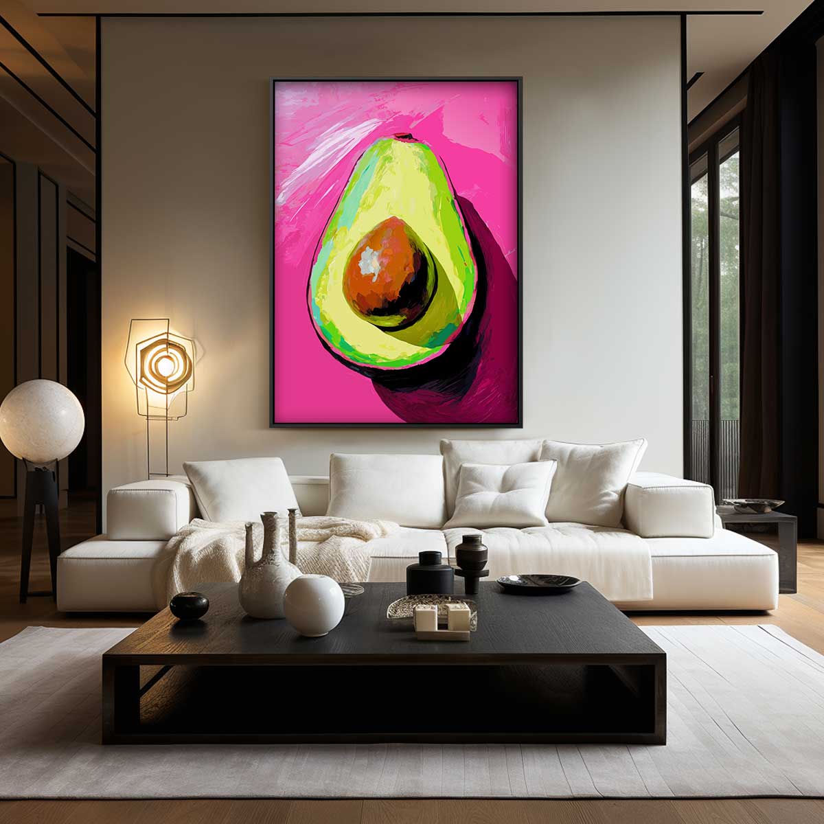 Avocado Kunstwerk met Roze Achtergrond – kunstwerk met zwarte baklijst