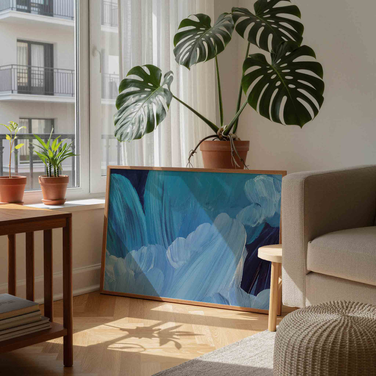 Blauwe penseelstreken – schilderkunst als moderne landscape poster