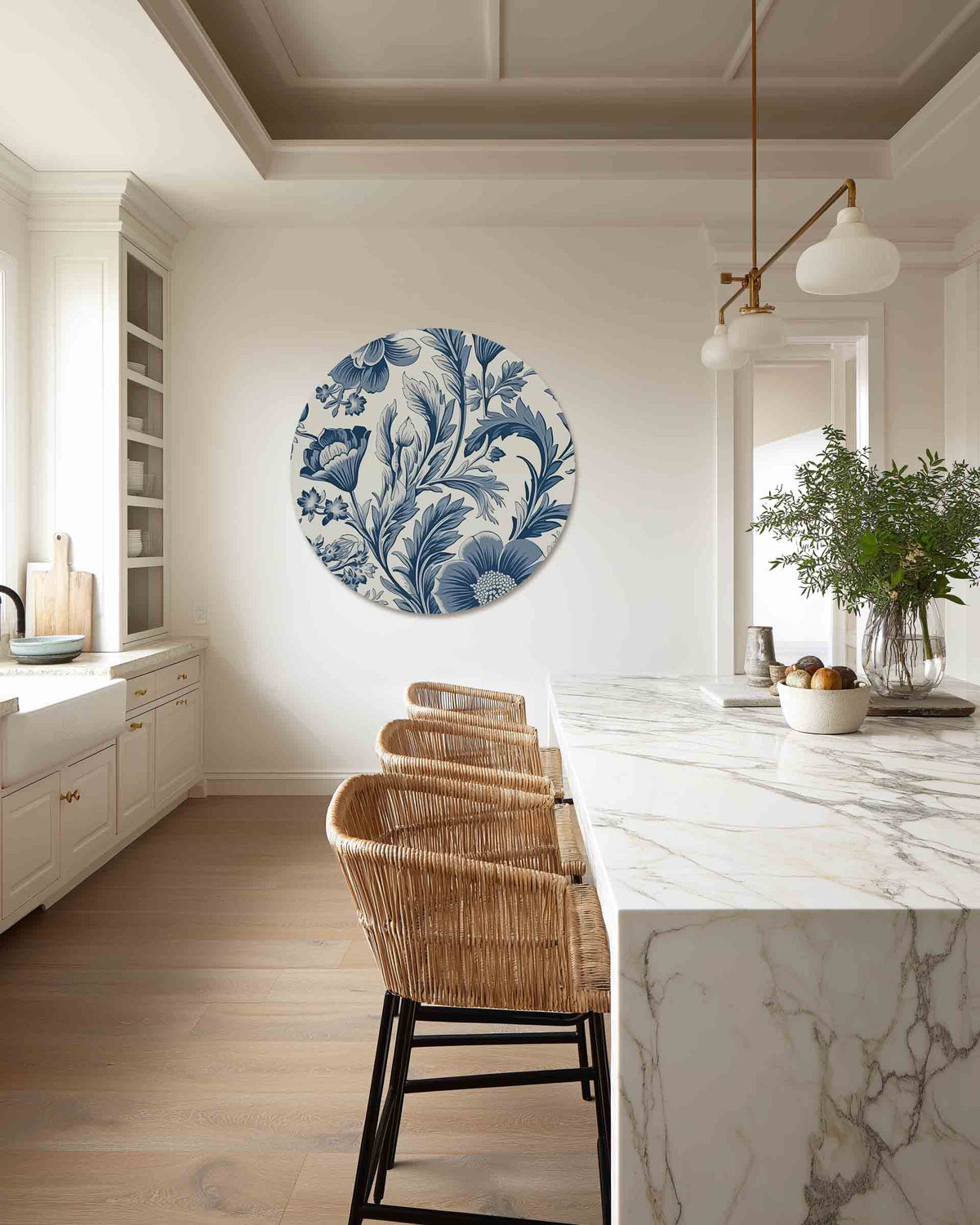 Blauwe bloemen – abstracte muurcirkel als ronde wanddecoratie