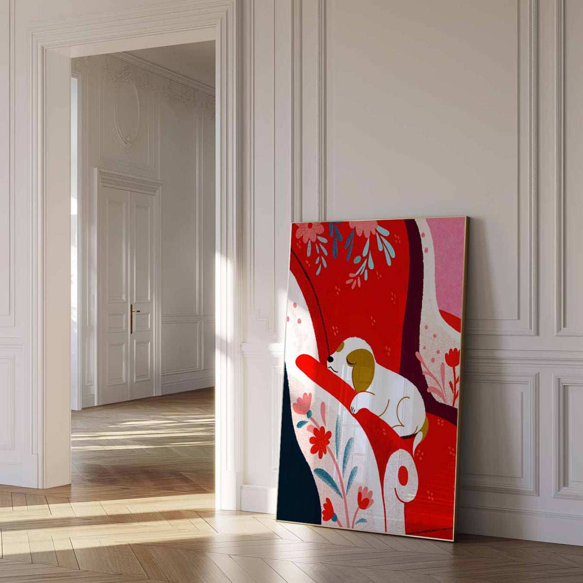 Schattige Puppy op Rode Fauteuil – dierenposter als moderne staande wanddecoratie
