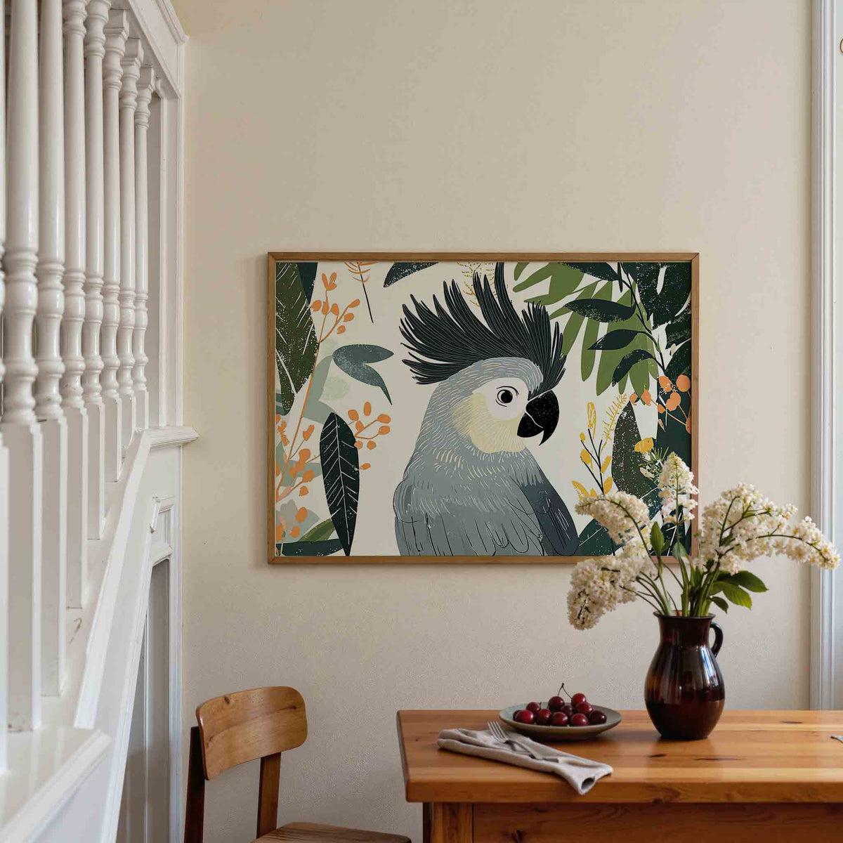 Papegaai en bladeren – dieren poster in liggend formaat