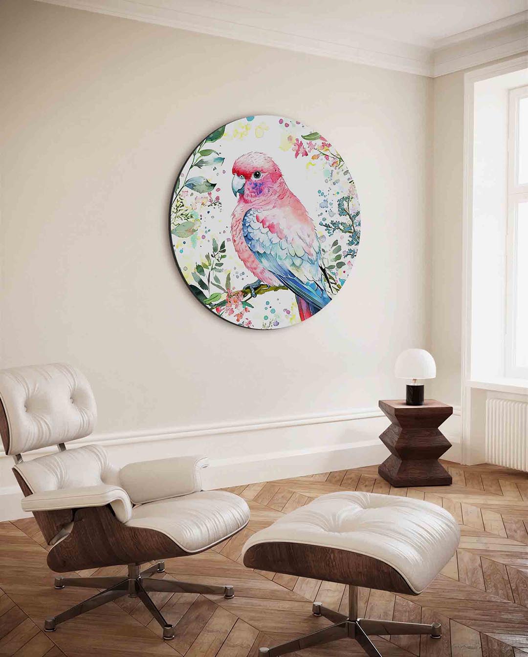 Papegaai en bloemen – kleurrijke ronde wanddecoratie van WallArtistic