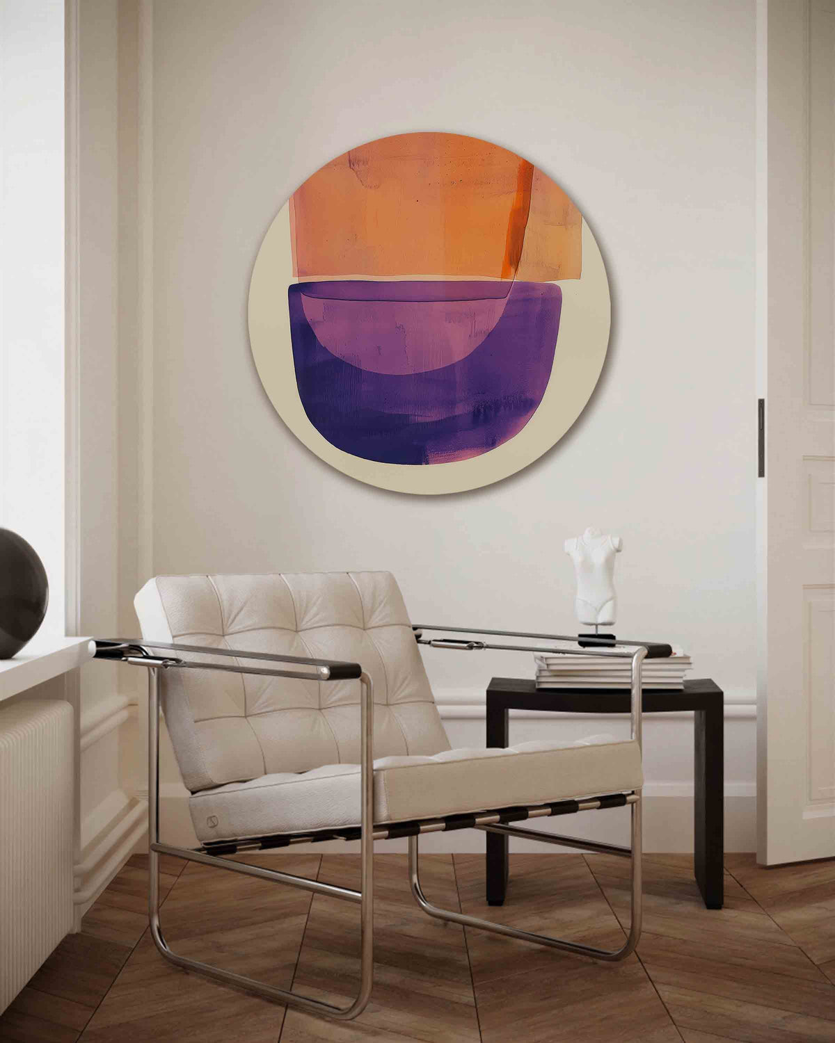 Oranje en paarse vormen – kleurrijke muurcirkel als ronde wanddecoratie