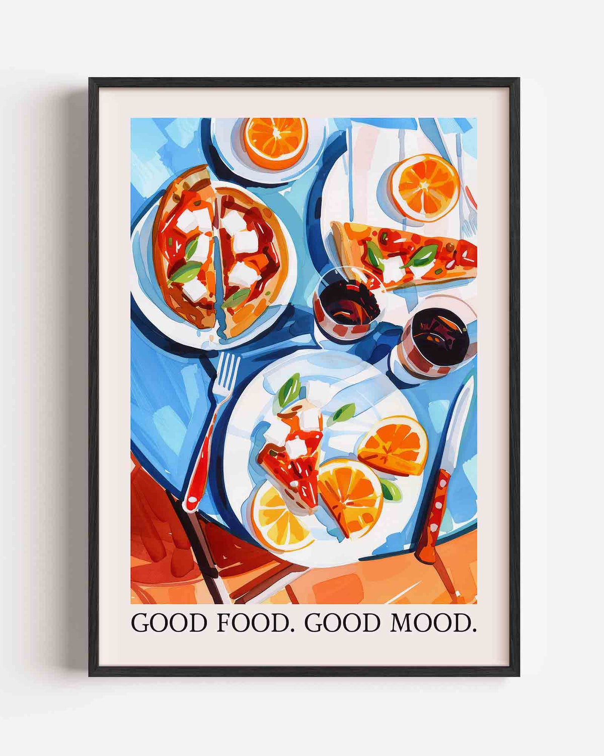Pizza en sinaasappels – keuken portret poster als wanddecoratie