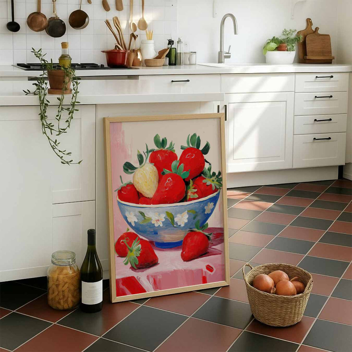Aardbeien in Kunstzinnige Kom – staande muurposter voor keuken of eethoek