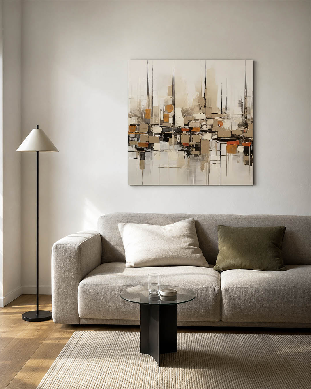 Geometrische stadsimpressie kunstwerk – vierkante wanddecoratie – dit werk toont een dynamische compositie van rechthoekige