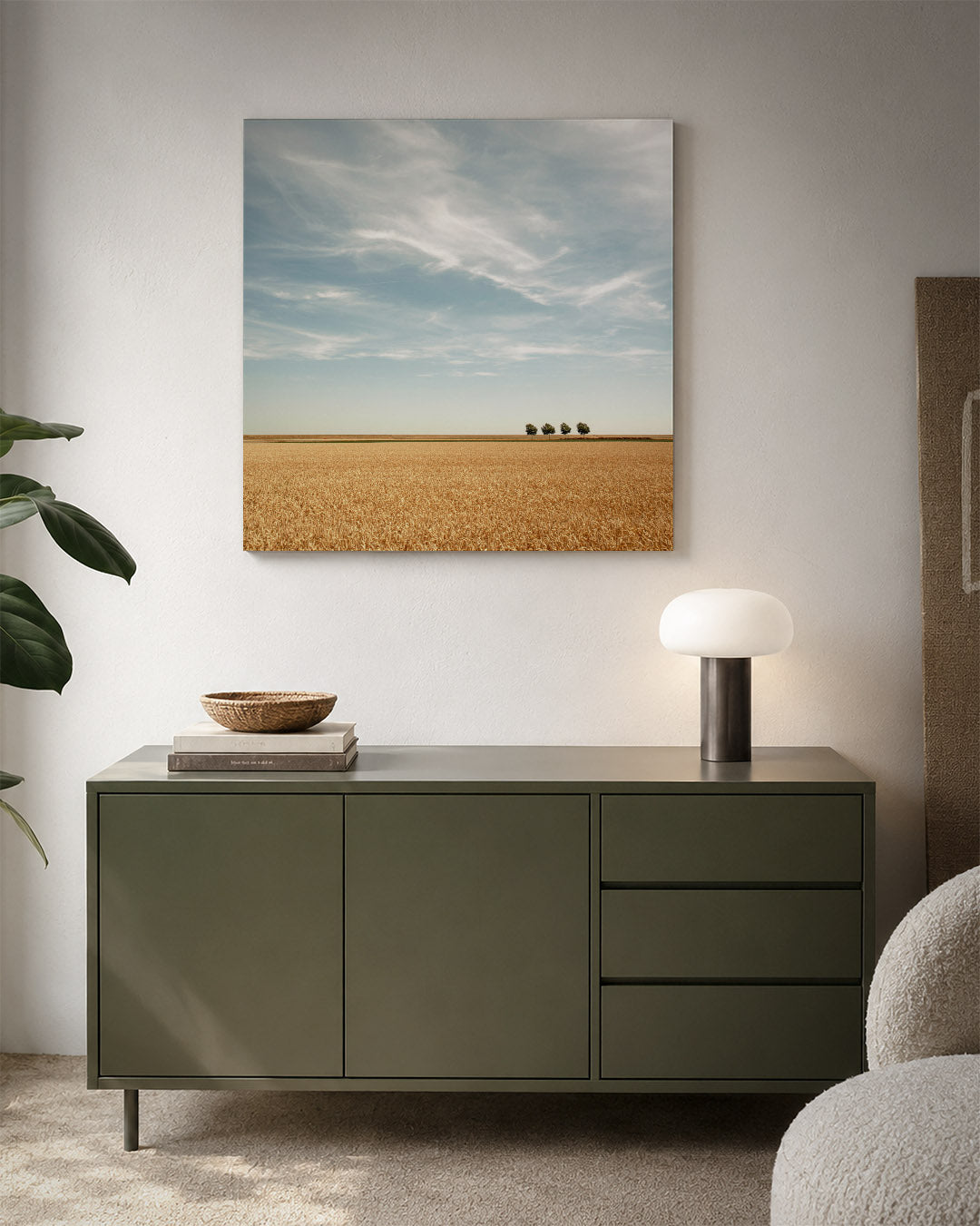Rustige landschap weergave kunstwerk – detailweergave – deze kunstwerk toont een uitgestrekt veld onder een blauwe lucht met