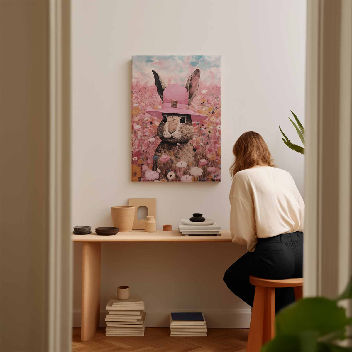 Konijn in Bloemenparadijs – plexiglas wanddecoratie in portret formaat