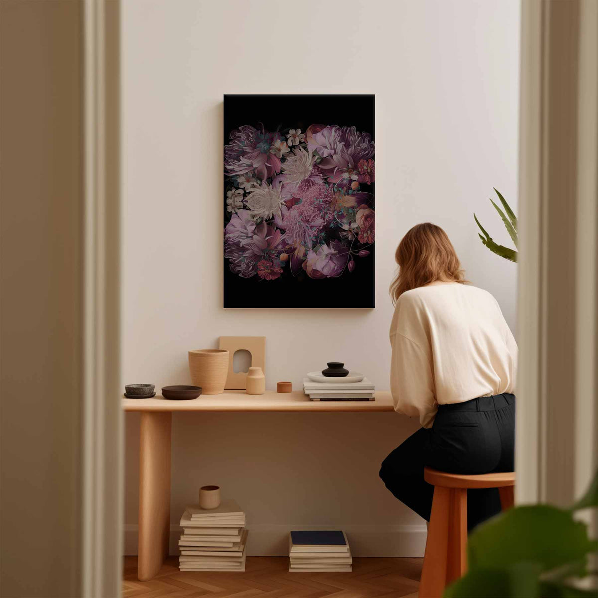 Bloemenpracht op Zwart – plexiglas wanddecoratie in portret formaat