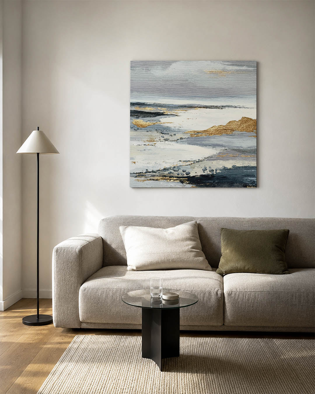 Gelaagde landschapstinten kunstwerk – vierkante wanddecoratie – dit kunstwerk toont een compositie van vloeiende lijnen en