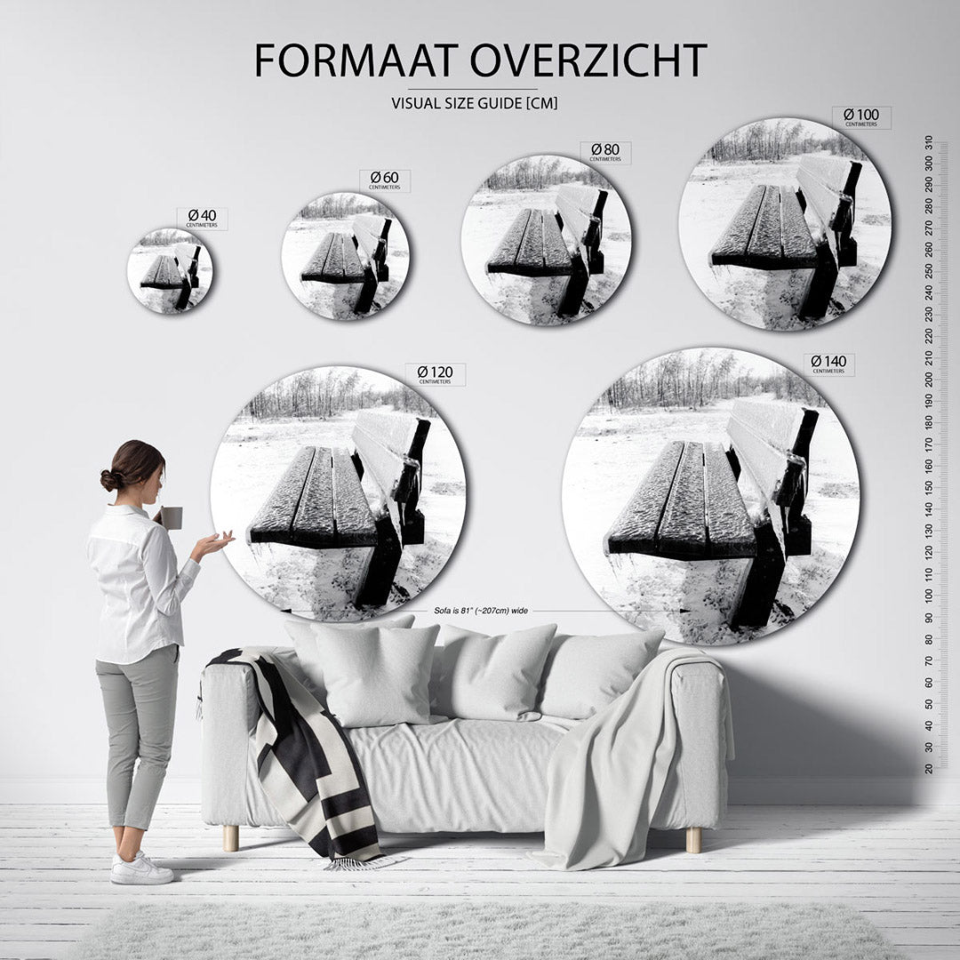 Bevroren bankje – ronde wanddecoratie met fotografie