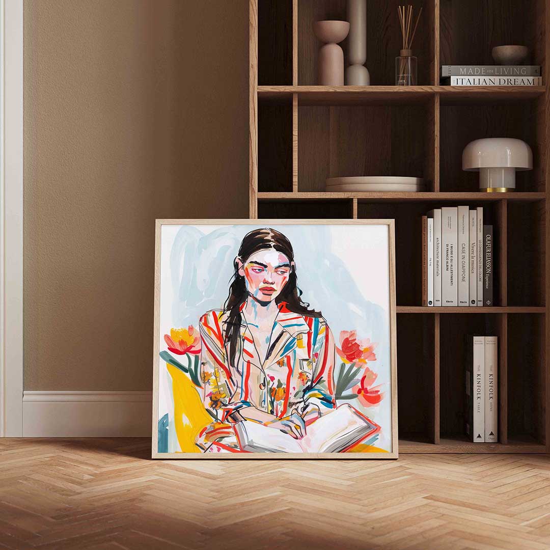 Vrouw met bloemen en boek – portret poster in vierkant formaat