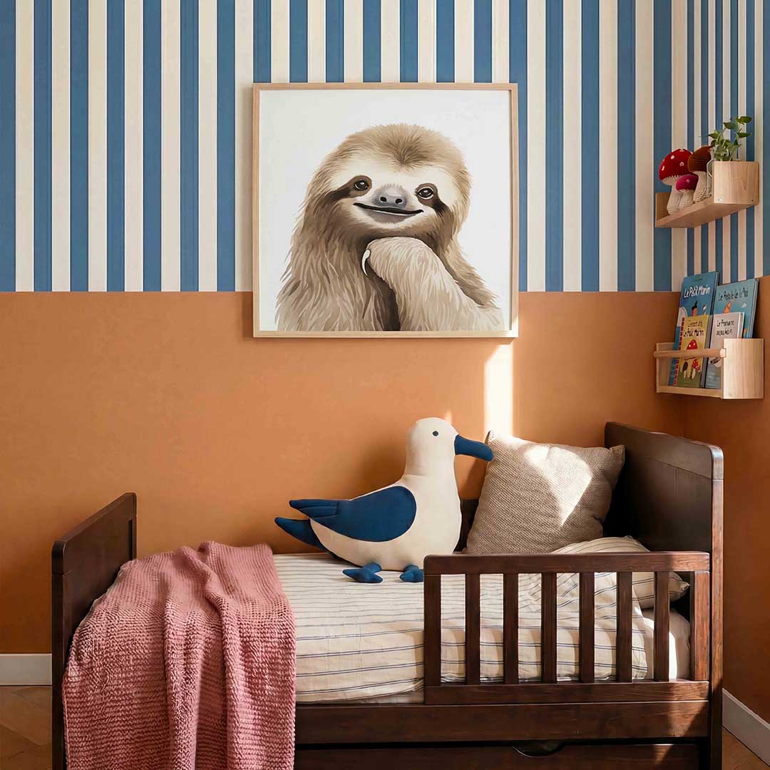 Lachende luiaard – kids poster in vierkant formaat