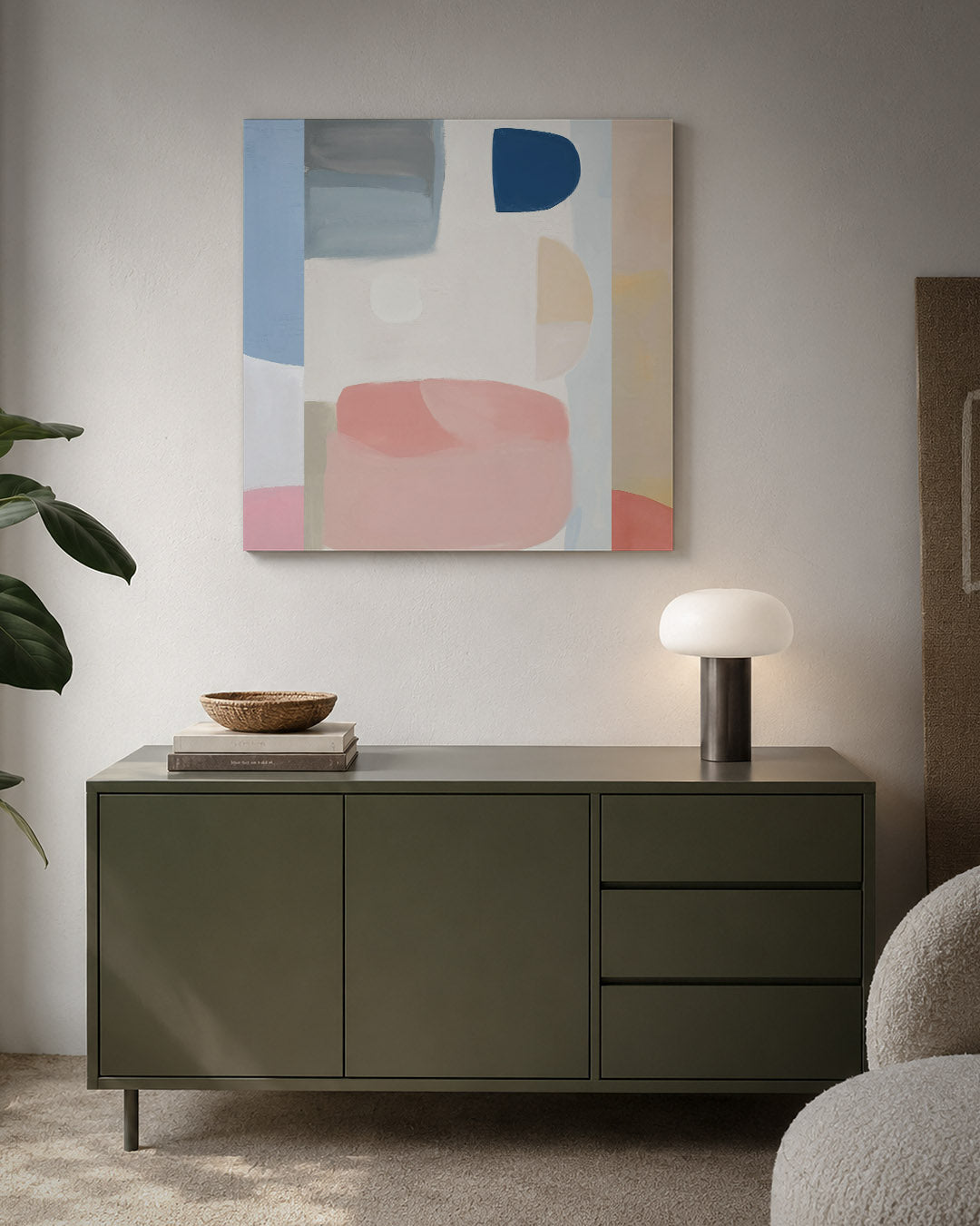Vormenspel in kleur kunstwerk – detailweergave – dit werk toont een harmonie van zachte vormen en kleuren. Blauwe en roze