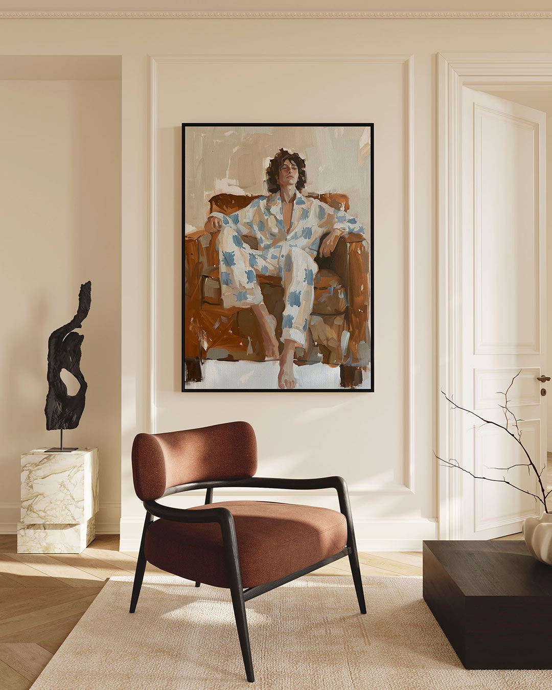 Relaxte zithouding – staande wanddecoratie