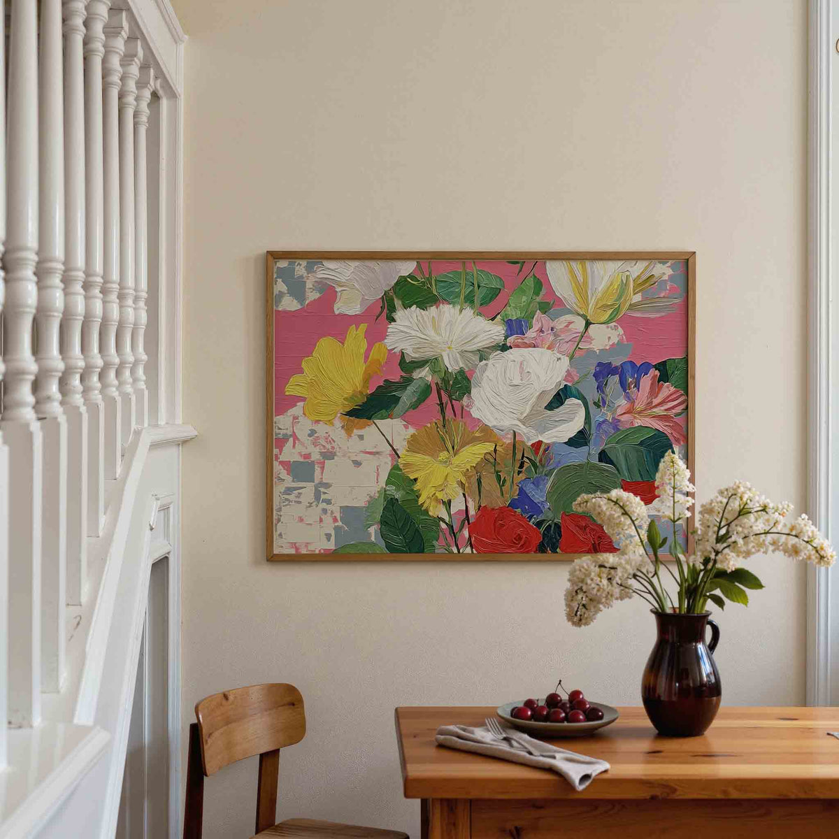 Bloemen op roze achtergrond – botanische poster in liggend formaat