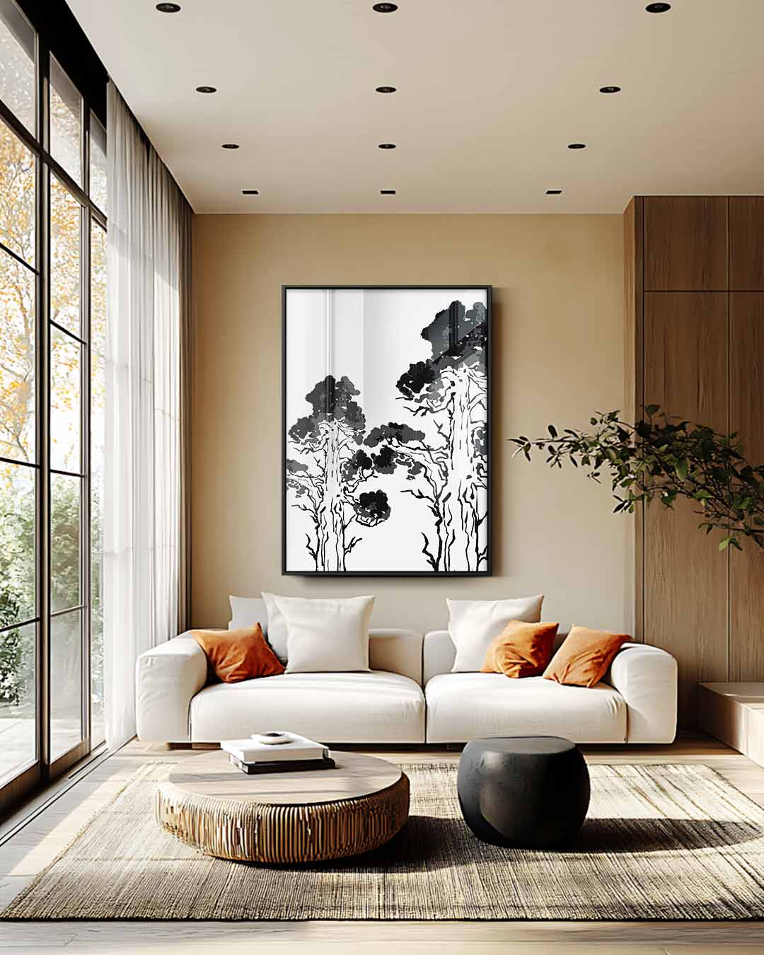 Zwart-wit Bospracht – plexiglas wanddecoratie in portret formaat
