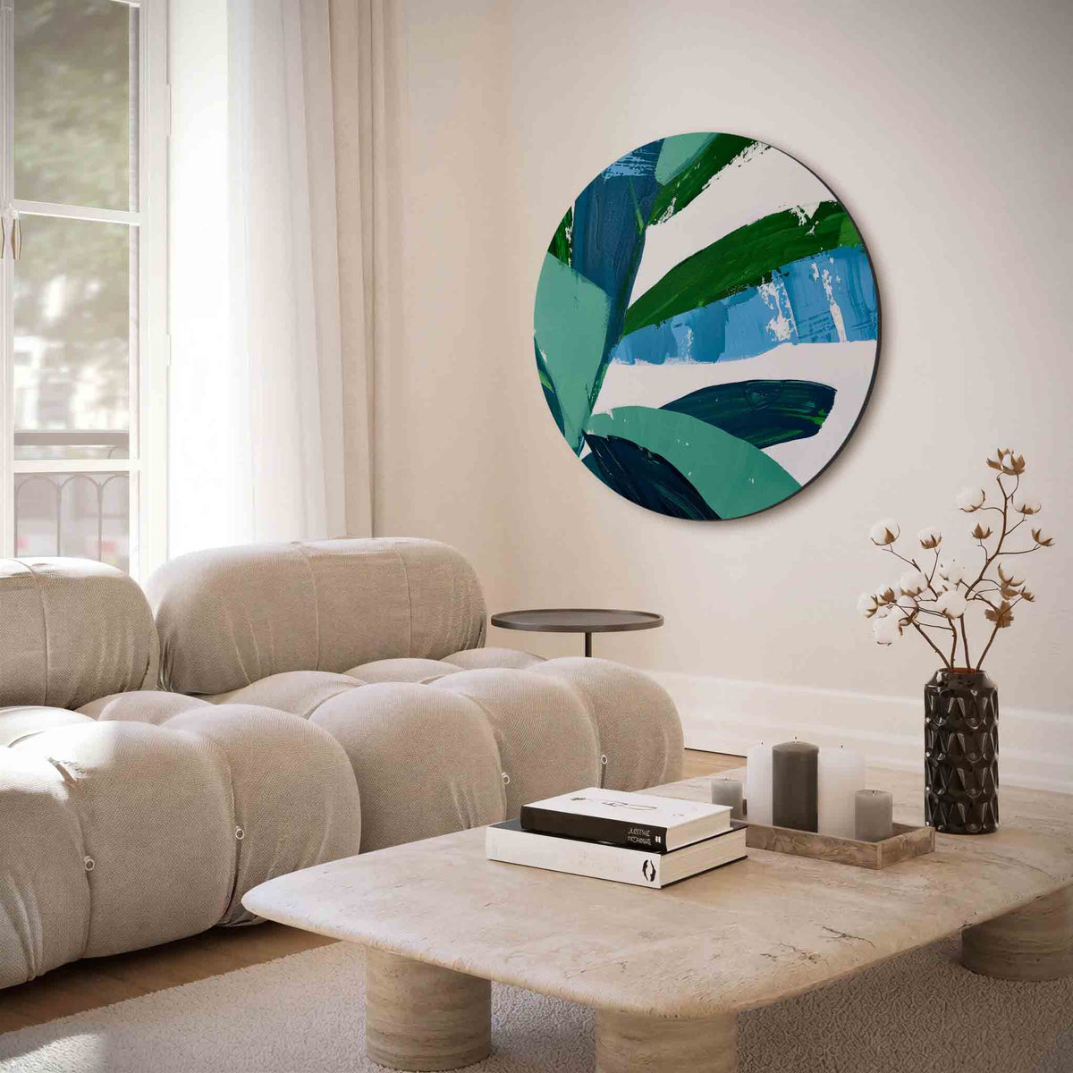 Blauwe en groene bladeren – muurcirkel met abstracte texturen voor aan de muur