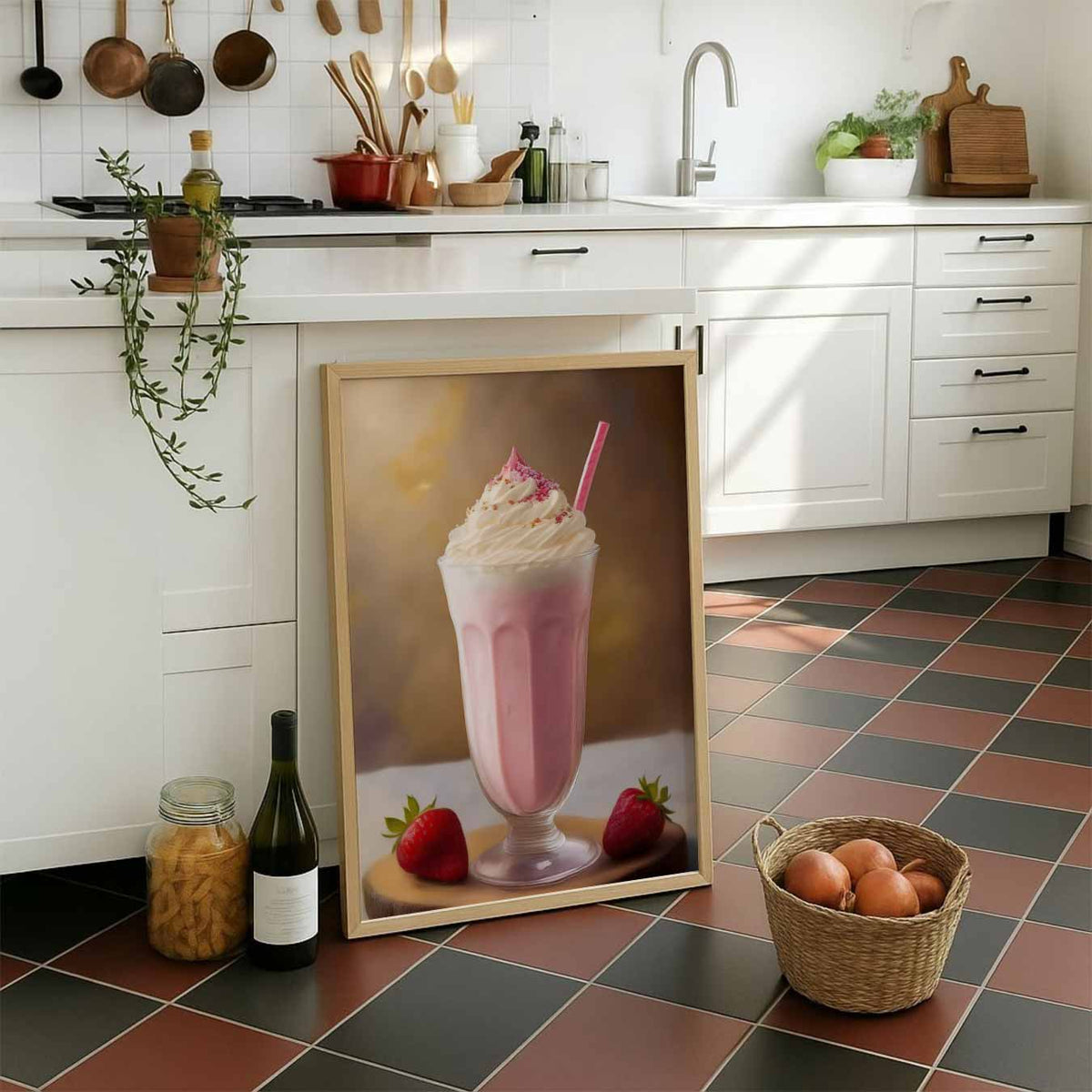 Romantische Aardbeienmilkshake – staande muurposter voor keuken of eethoek