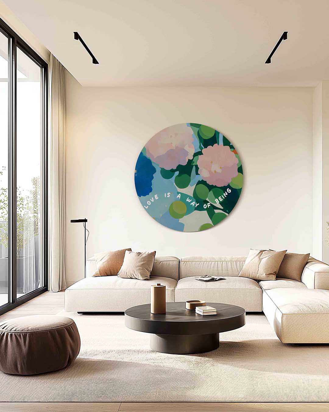 Bloemen en tekst – kleurrijke muurcirkel als ronde wanddecoratie