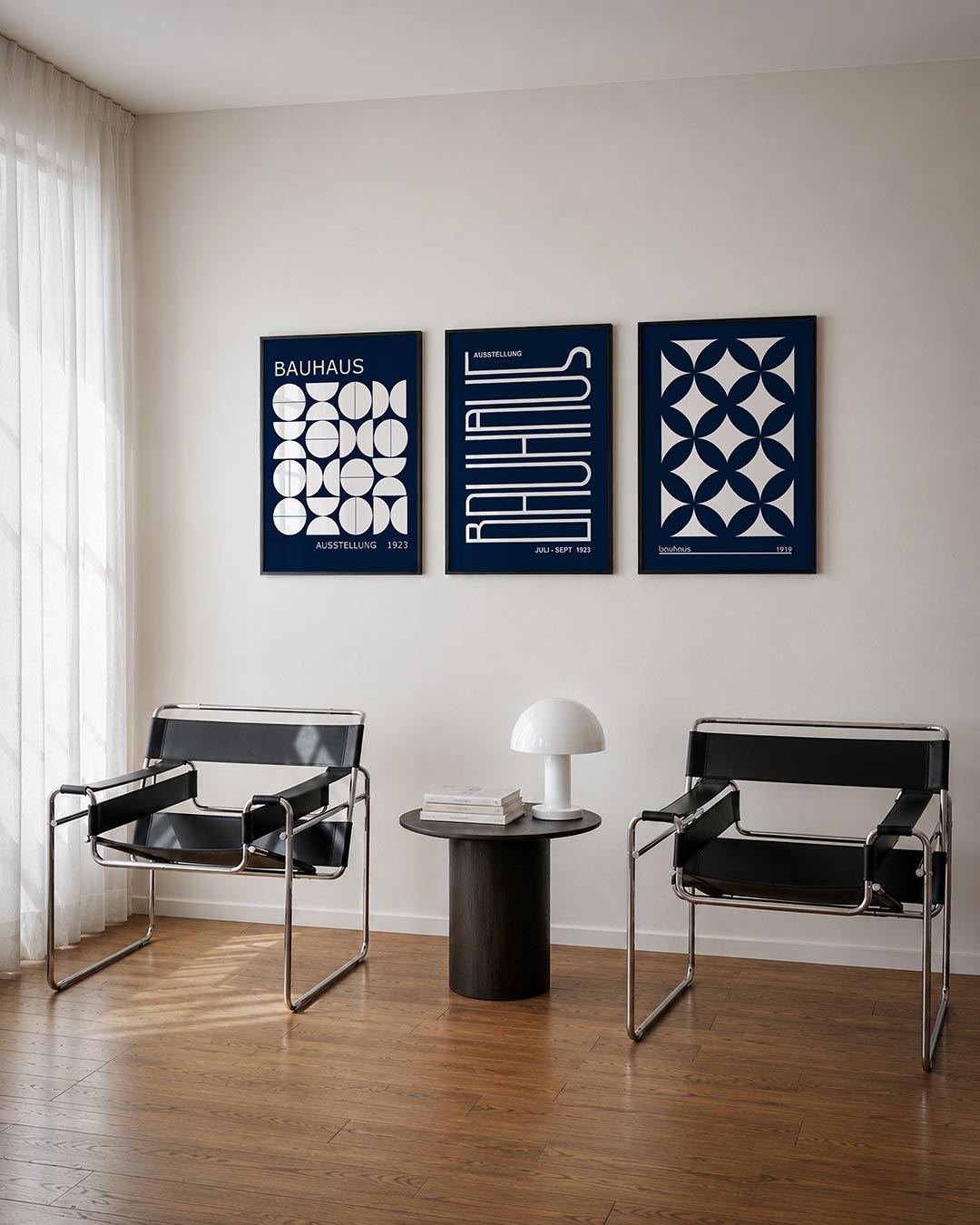 Vormenspel en ritme driedelige posterset – deze posterset in drie delen toont een speels lijnenspel van halve cirkels en