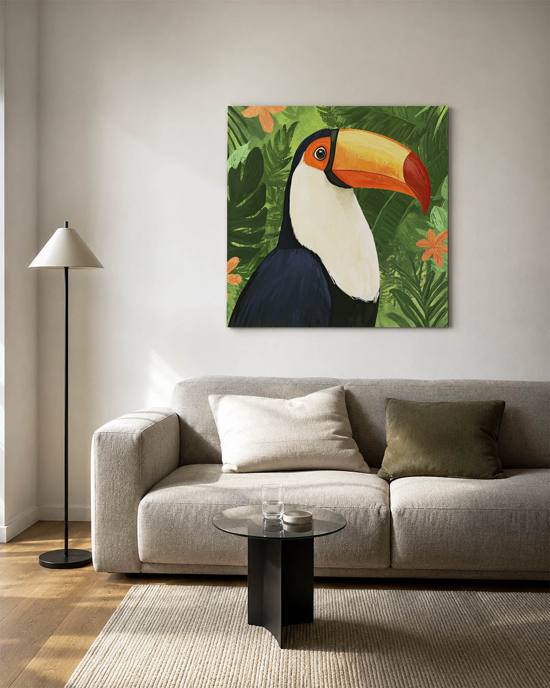 Tropische toekan kunstwerk – detailweergave – dit kunstwerk toont een kleurrijke toekan te midden van weelderige groene