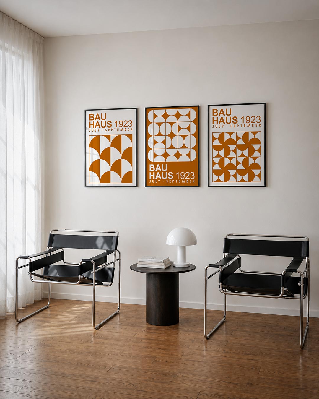 Vorm en kleur driedelige posterset – deze posterset in drie delen toont een ritme van halve cirkels en rechthoeken in warme
